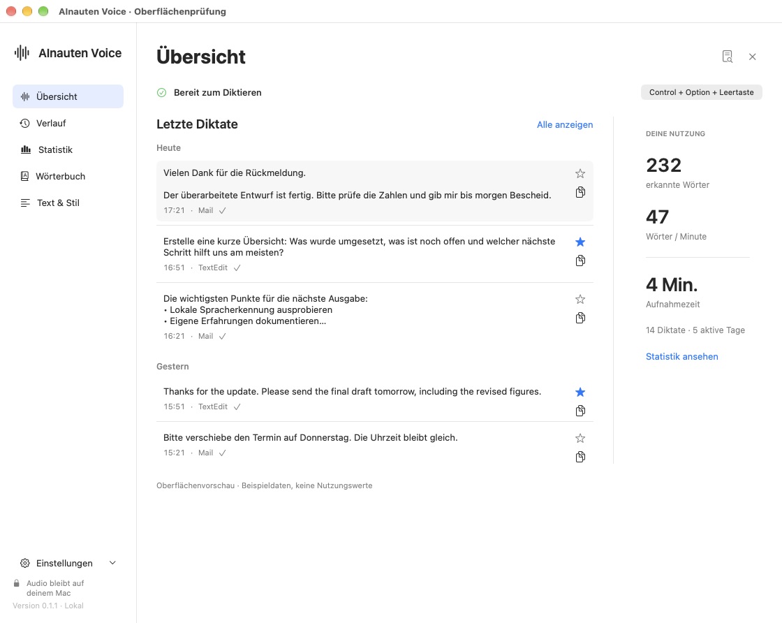 AInauten Voice: Diktatverlauf und Statistik in der nativen Mac-App, mit Beispieldaten