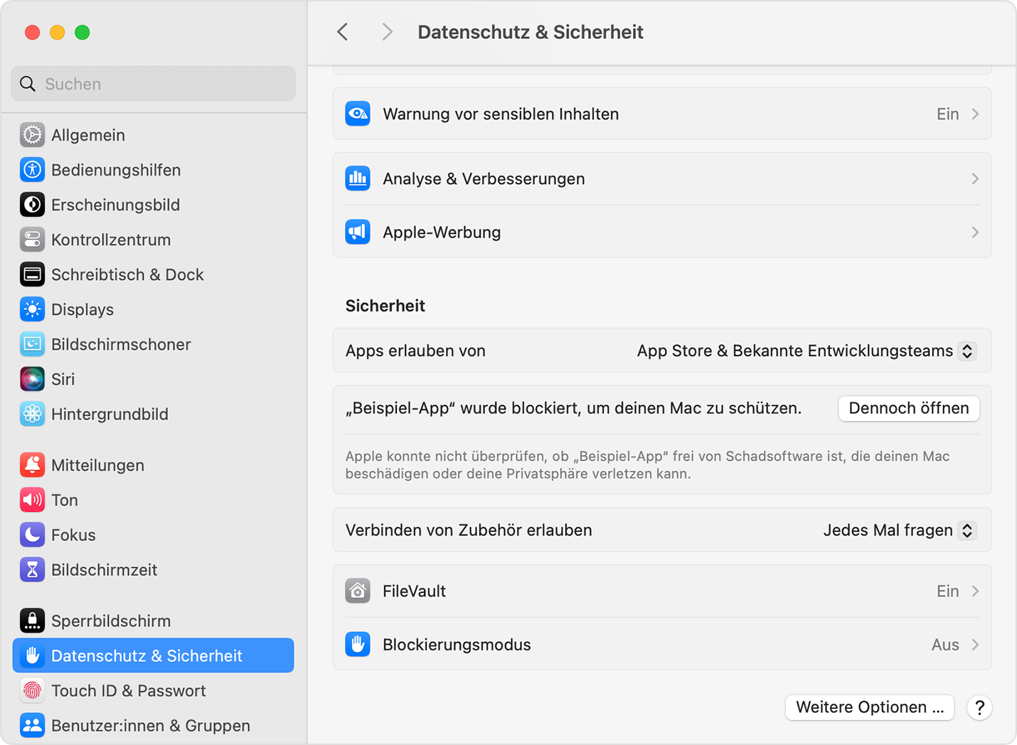 Systemeinstellungen, Datenschutz & Sicherheit: Im Bereich Sicherheit steht rechts neben der blockierten Beispiel-App die Schaltfläche Dennoch öffnen.