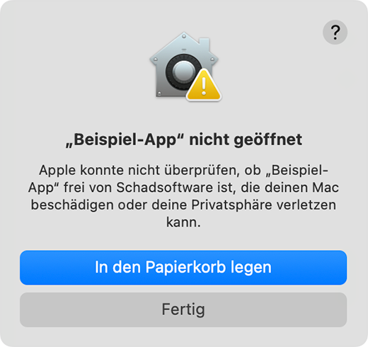macOS-Warnmeldung: Apple konnte die Beispiel-App nicht überprüfen. Die Schaltfläche Fertig steht unter In den Papierkorb legen.